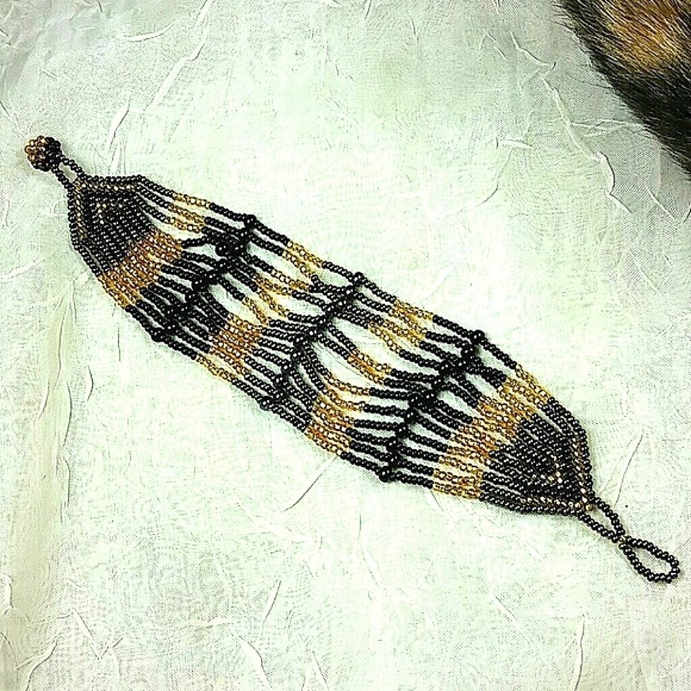 Bracelet Artisan Woven Black gold glass bead boheimian Multiple Strand Mob Wife